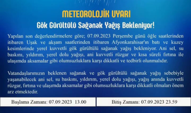 Uşak için gök gürültülü sağanak yağış uyarısı yayınlandı