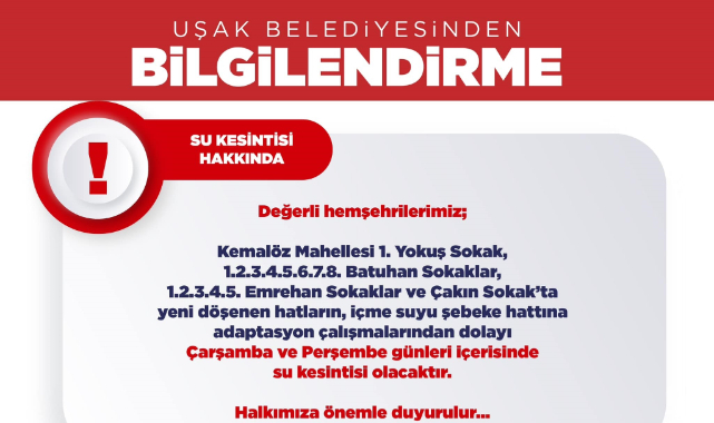 Uşak Belediyesi’nden su kesinti uyarısı