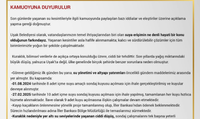 SON GÜNLERİN EN ÖNEMLİ KONUSU OLAN SU KESİNTİLERİ İLE İLGİLİ, BAŞKAN ÖZKAN YALIMDAN, UŞAKIMIZIN SUYUNUN ÇÖZÜMÜ AÇIKLAMASI..