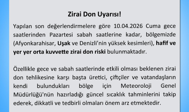 Uşak Valiliği’nden Zirai Don Uyarısı