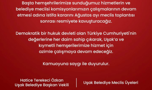 UŞAK BELEDİYESİ’NDE CHP’Lİ BAŞKAN VEKİLİ VE MECLİS ÜYELERİNDEN İSTİFA KARARI