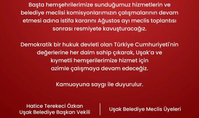 UŞAK BELEDİYESİ’NDE CHP’Lİ BAŞKAN VEKİLİ VE MECLİS ÜYELERİNDEN İSTİFA KARARI